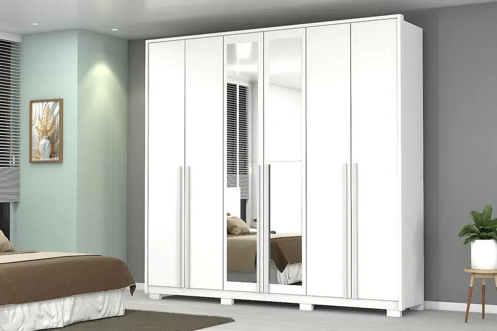 GUARDA ROUPA 6 PORTAS 4 GAV 2.40M REINO BRANCO MDF 12/15MM C/PE C/ESPELHO A230XL240XP55 JOSAN 