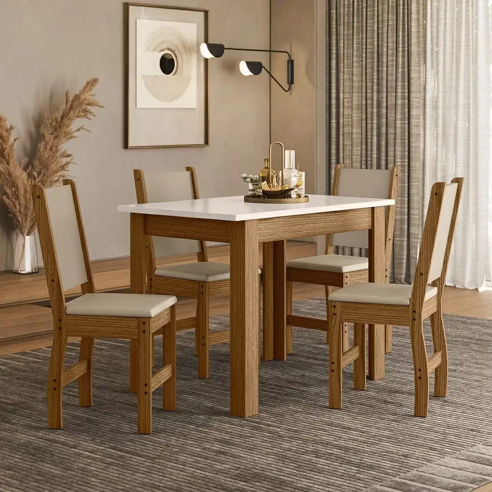 CONJUNTO MESA 4 CADEIRAS RETANGULAR 108X80 MDP BELLAGIO FREIJO/OFF 16,70KG POLIMAN 